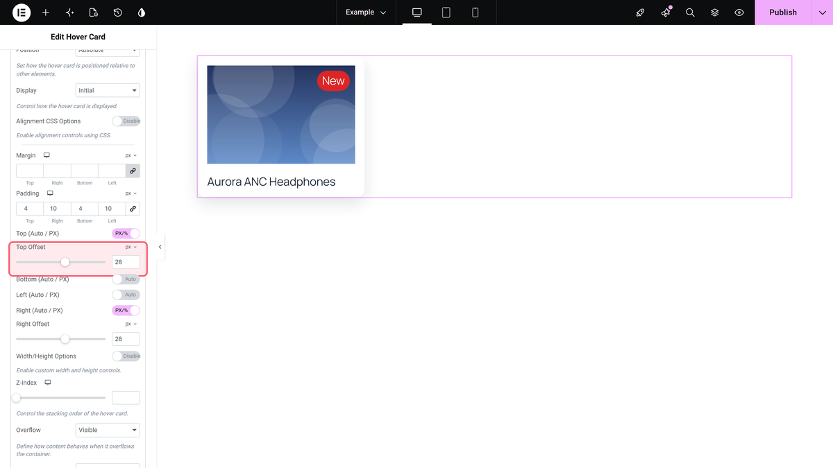 How to Create a Custom Layout With the Hover Card in Elementor? A new badge row with position absolute and top and right offsets, placed in the corner of the card image