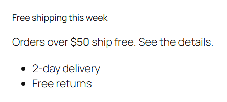 Shipping notice built with html content: a heading, a paragraph with a link and a list