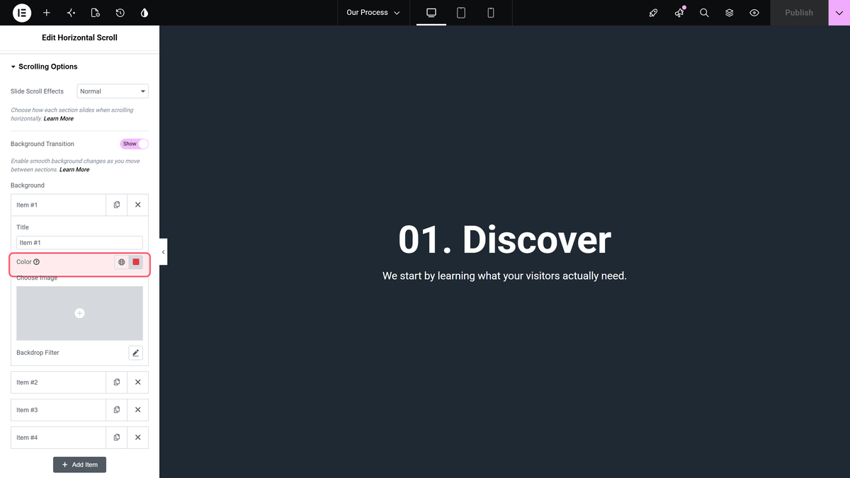 How to Change the Background Colour on Scroll in Elementor Horizontal Page Scroll? Item 1 of the background repeater open, with the color field selected, in the horizontal scroll widget