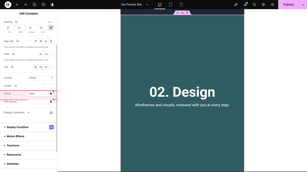 How to Link to a Specific Section in Elementor Horizontal Page Scroll? Css id field in the advanced tab of a container inside the slides template, set to slide2
