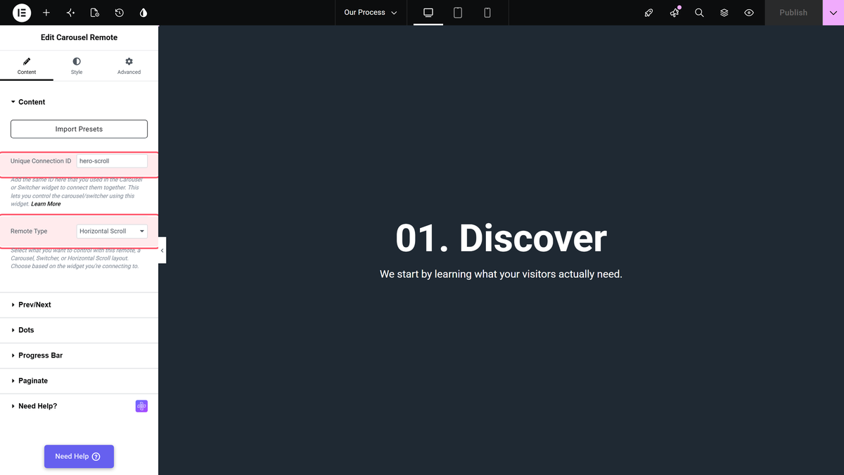 How to Add Dots Navigation in Elementor Horizontal Page Scroll? Carousel remote content section with unique connection id filled in and remote type set to horizontal scroll