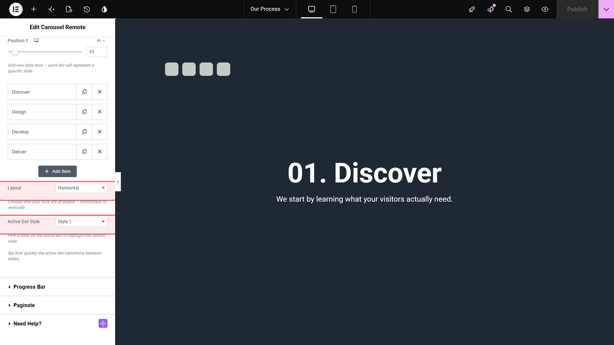 How to Add Dots Navigation in Elementor Horizontal Page Scroll? Layout and active dot style dropdowns under the dot rows in the carousel remote panel