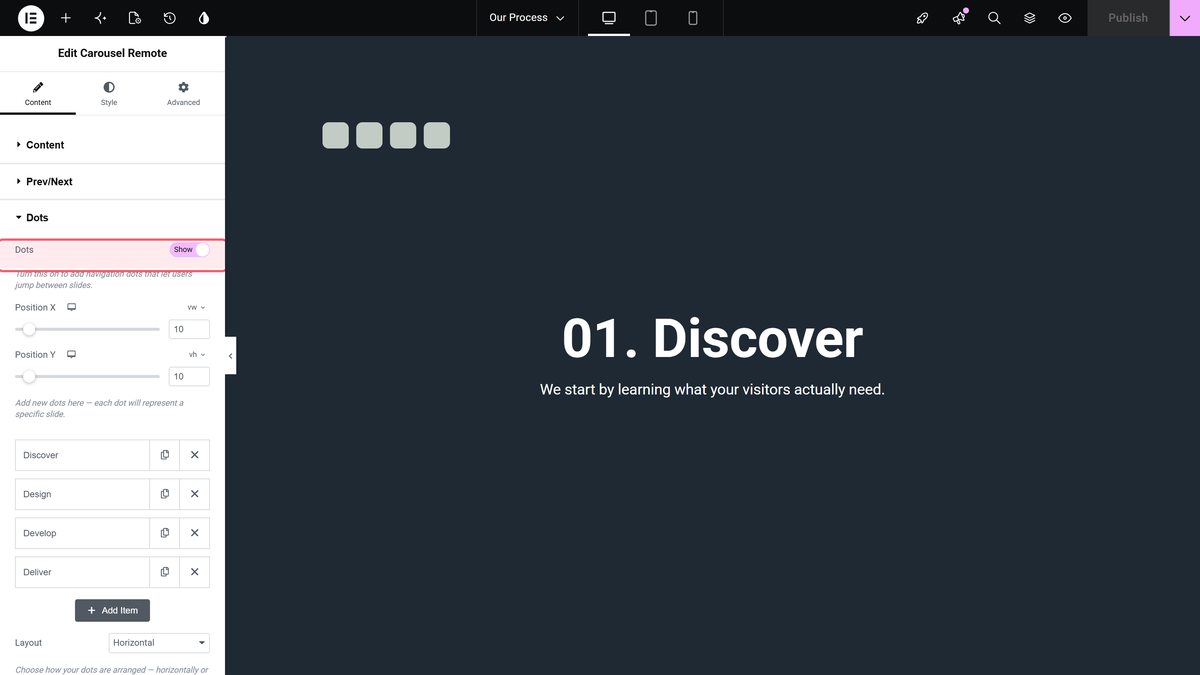 How to Add Dots Navigation in Elementor Horizontal Page Scroll? Dots section of the carousel remote widget with the dots toggle switched on