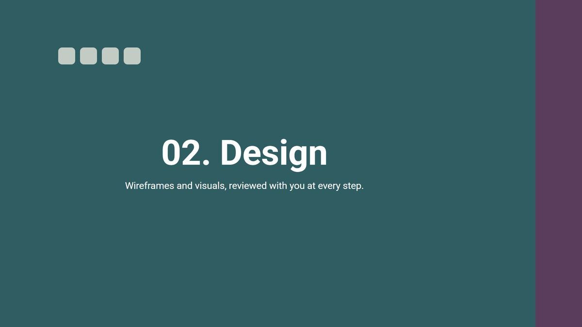 How to Add Dots Navigation in Elementor Horizontal Page Scroll? Row of four navigation dots over a horizontal scroll section with the second slide in view
