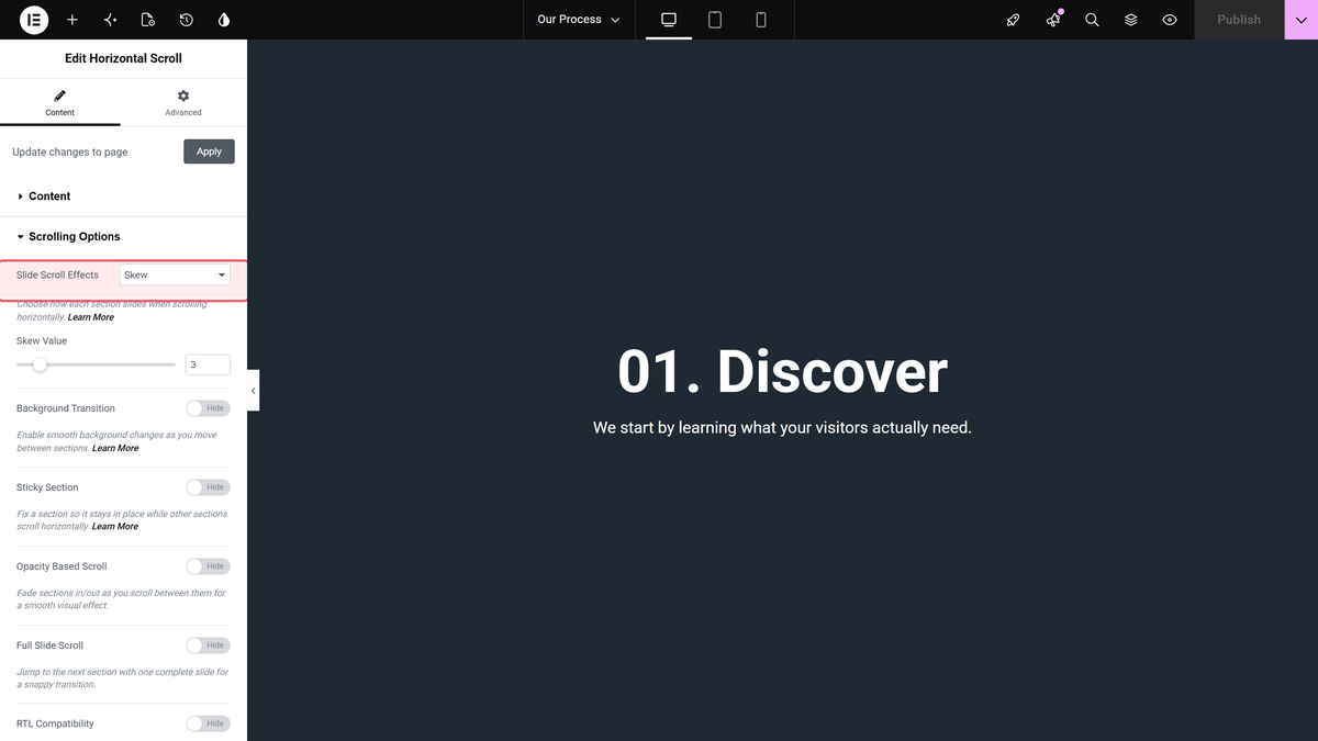 Slide scroll effects dropdown in the scrolling options section of the horizontal scroll widget