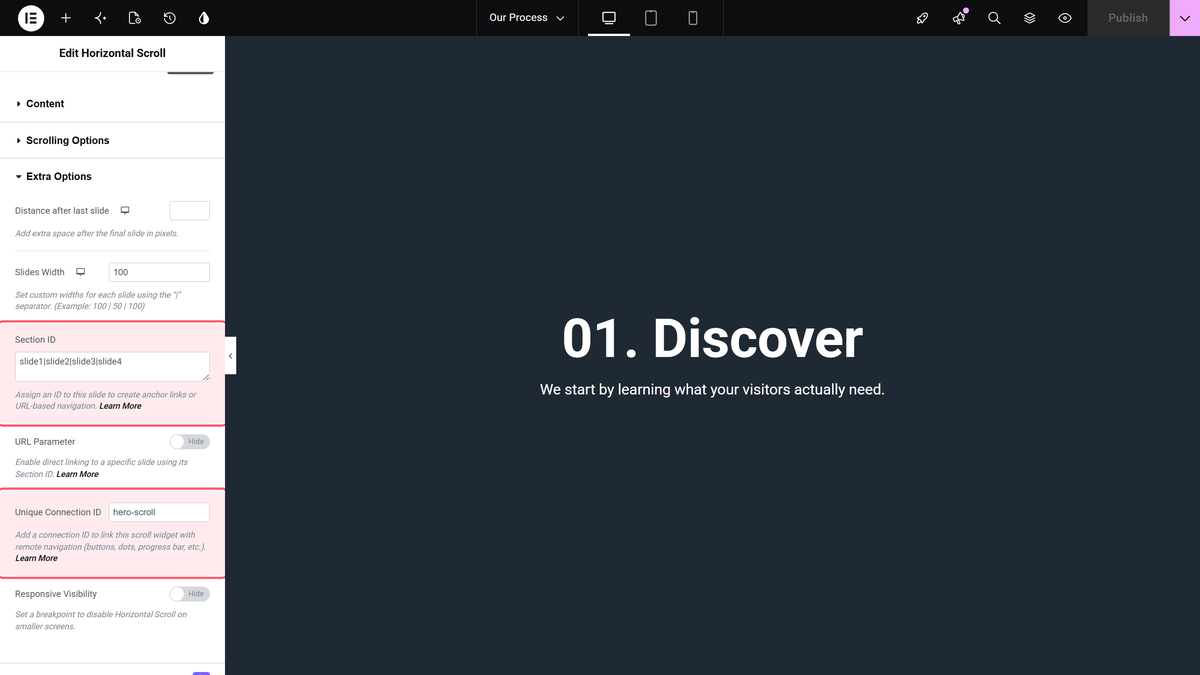 How to Add Dots Navigation in Elementor Horizontal Page Scroll? Section id and unique connection id fields in the extra options section of the horizontal scroll widget