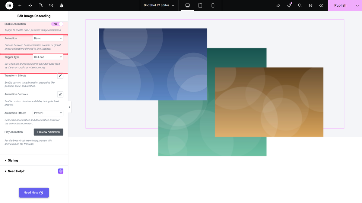 The image animation section with enable animation on, animation set to basic and trigger type on load