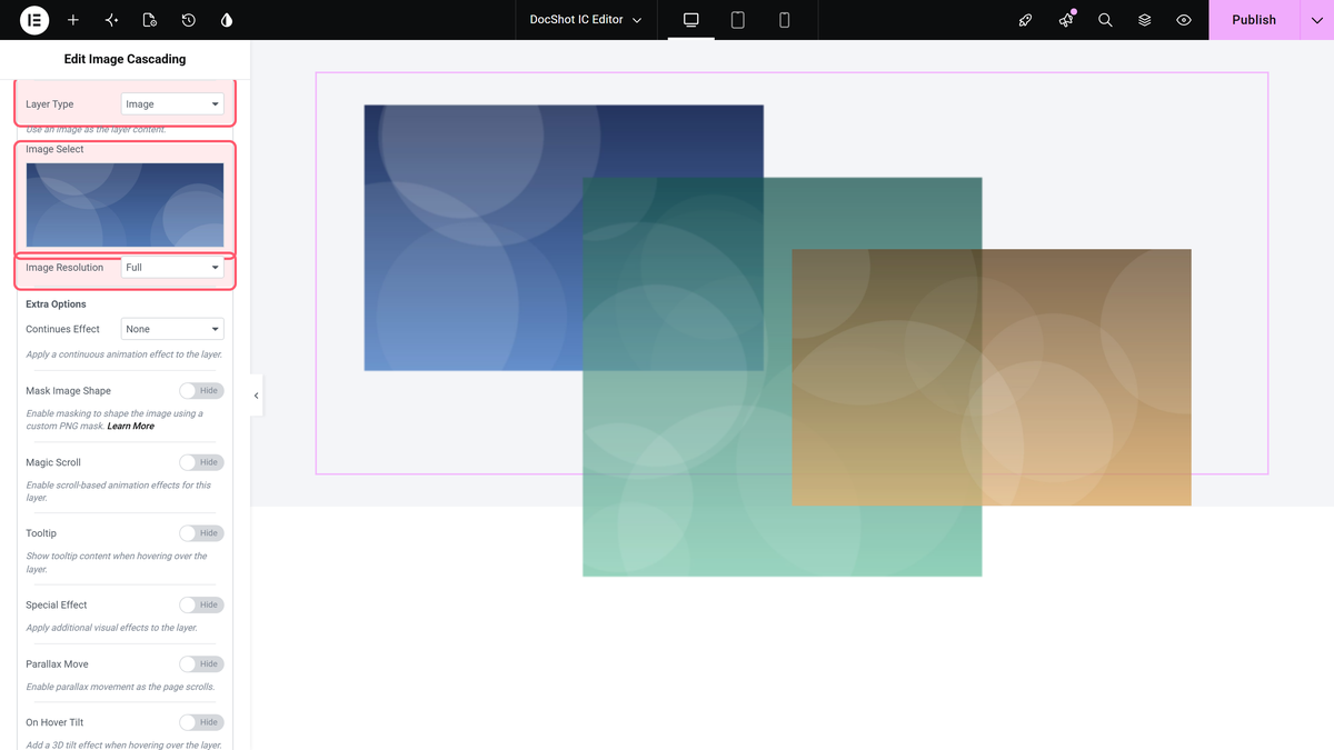 The image cascading panel with layer type set to image, plus image select and image resolution