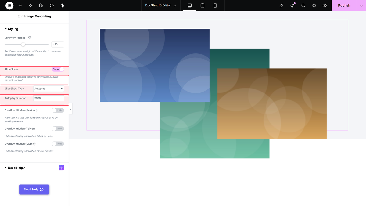 The styling section with minimum height, slide show on, slideshow type autoplay and autoplay duration