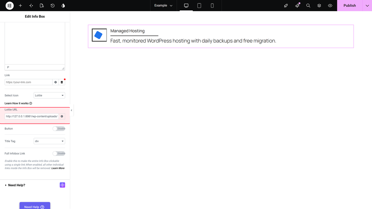 How To Add Lottie Animation In Infobox Elementor? The select icon dropdown set to lottie and the lottie url field filled in, with the animation on the canvas