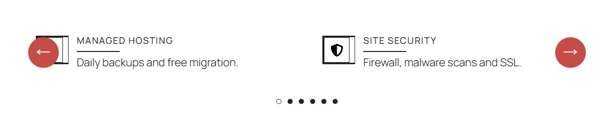 How to Create an Infobox/Service Box Carousel in Elementor? An info box carousel on the front end showing two of six items, with previous and next arrows and six dots