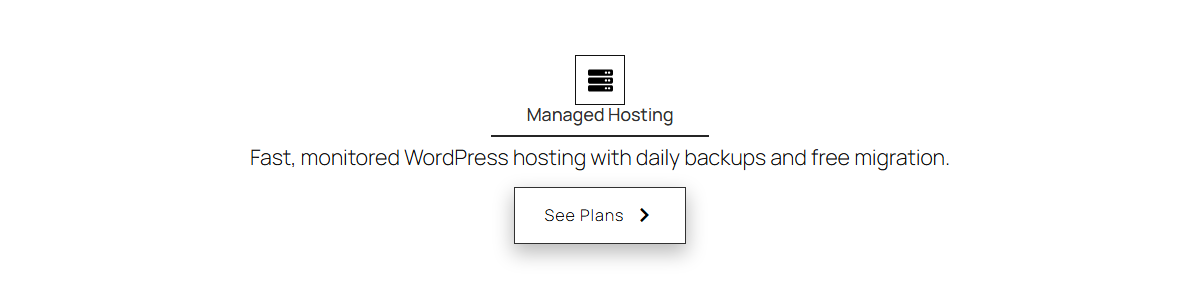 A finished services box on the front end with an icon, title, description and a see plans button