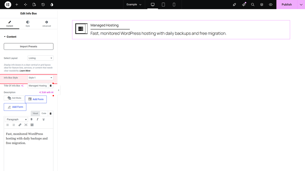 The info box style dropdown in the elementor panel with the info box on the canvas
