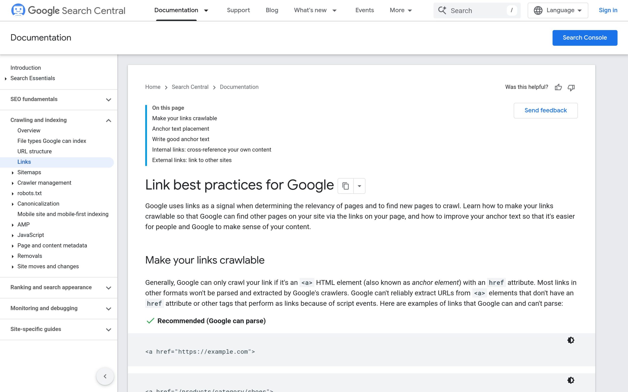 Internal Linking Strategy for WordPress: A Practical 2026 Playbook Google search central documentation page explaining that a crawlable link must be an anchor tag with an href attribute