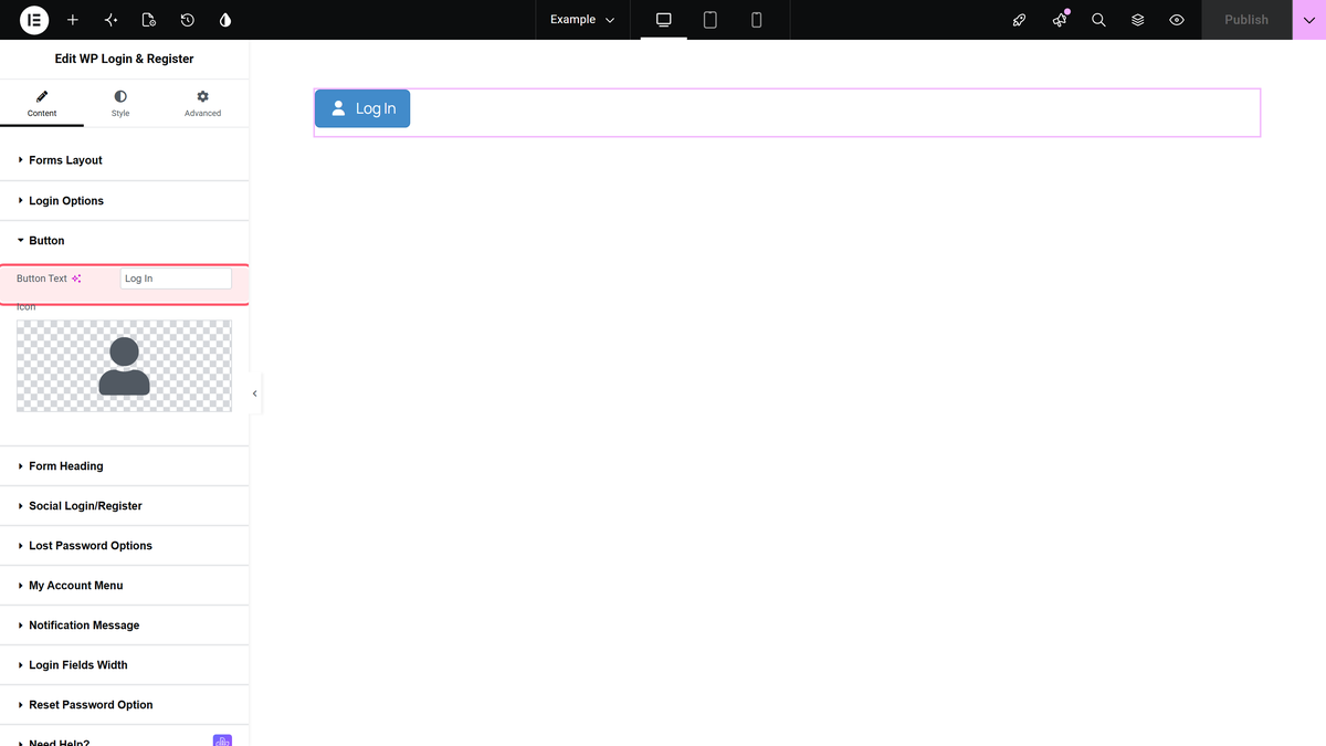 The button section with the button text log in and its icon, and the header login button on the canvas