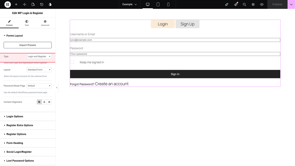 How to Create a Login & Register Form in Elementor? Login and register selected in the type dropdown with the login and sign up tabs on the canvas