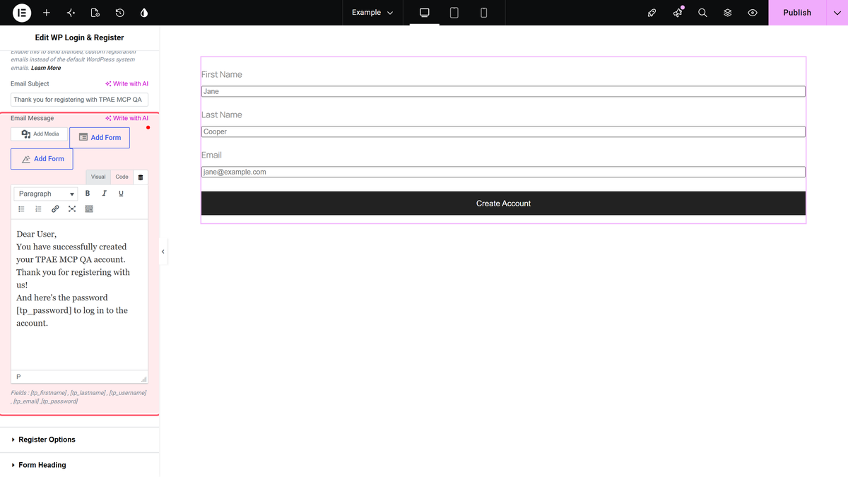 How to Send Custom Email for User Registration in Elementor Registration Form? Custom email turned on with the email subject and email message fields in register extra options