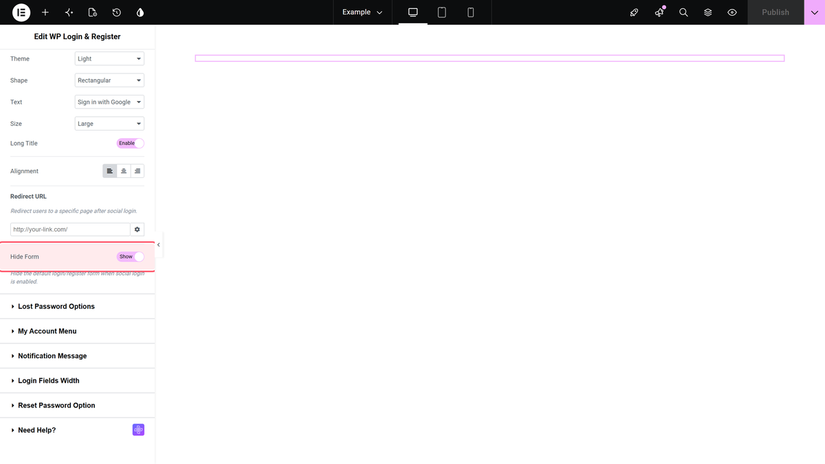 Google and hide form turned on in the social login/register section, leaving only the google button