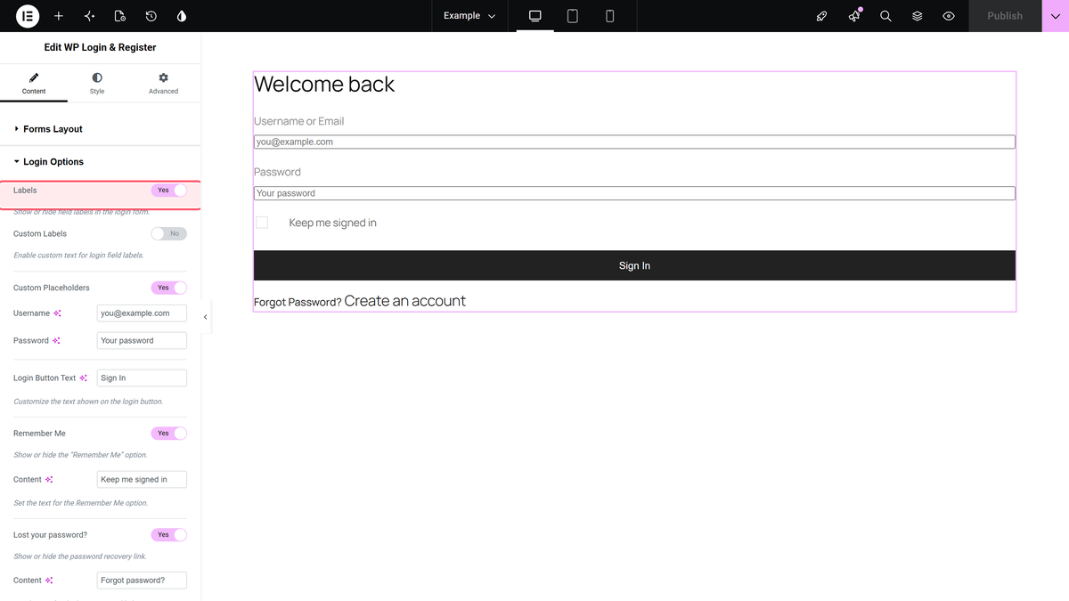 How to Create a Login & Register Form in Elementor? The login options section with labels, custom labels and custom placeholders