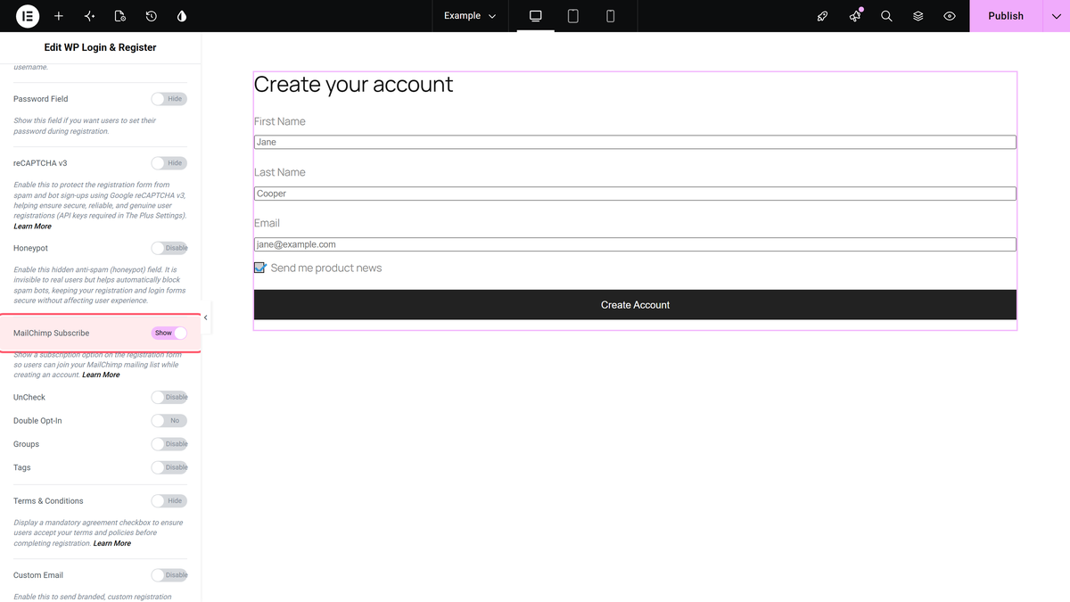 How to Send New Account Registration Email to Mailchimp in Elementor? Mailchimp subscribe turned on in register extra options with the subscribe checkbox on the form