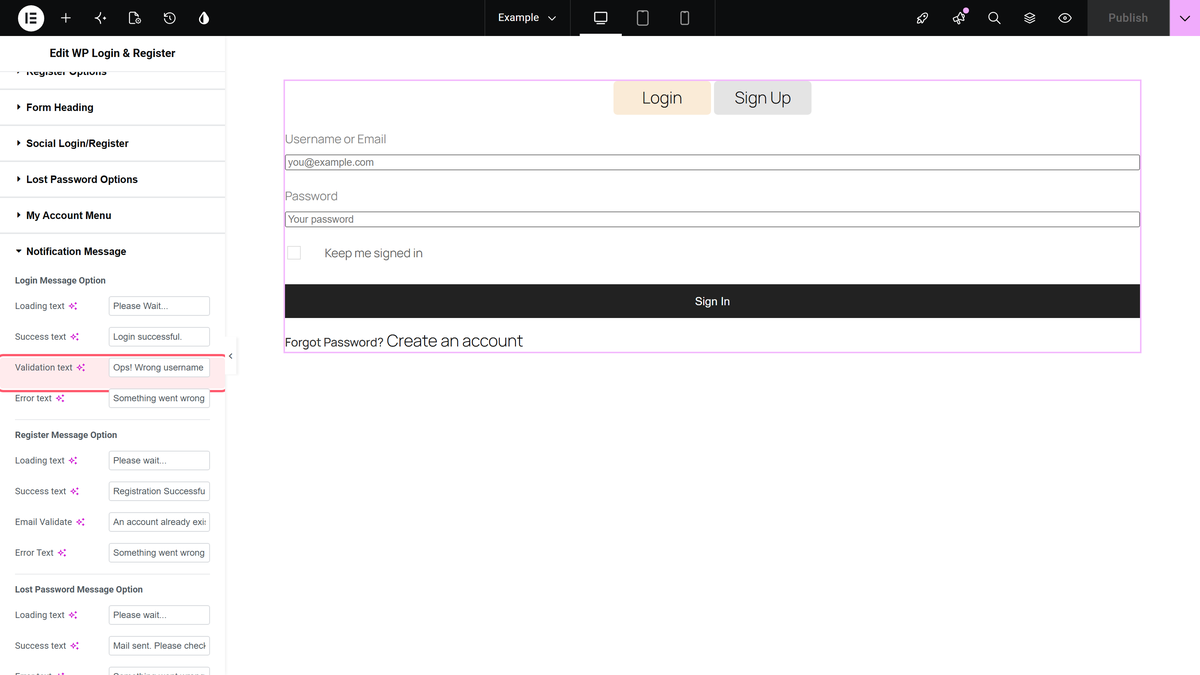 How to Create a Login & Register Form in Elementor? The notification message section with the login validation text