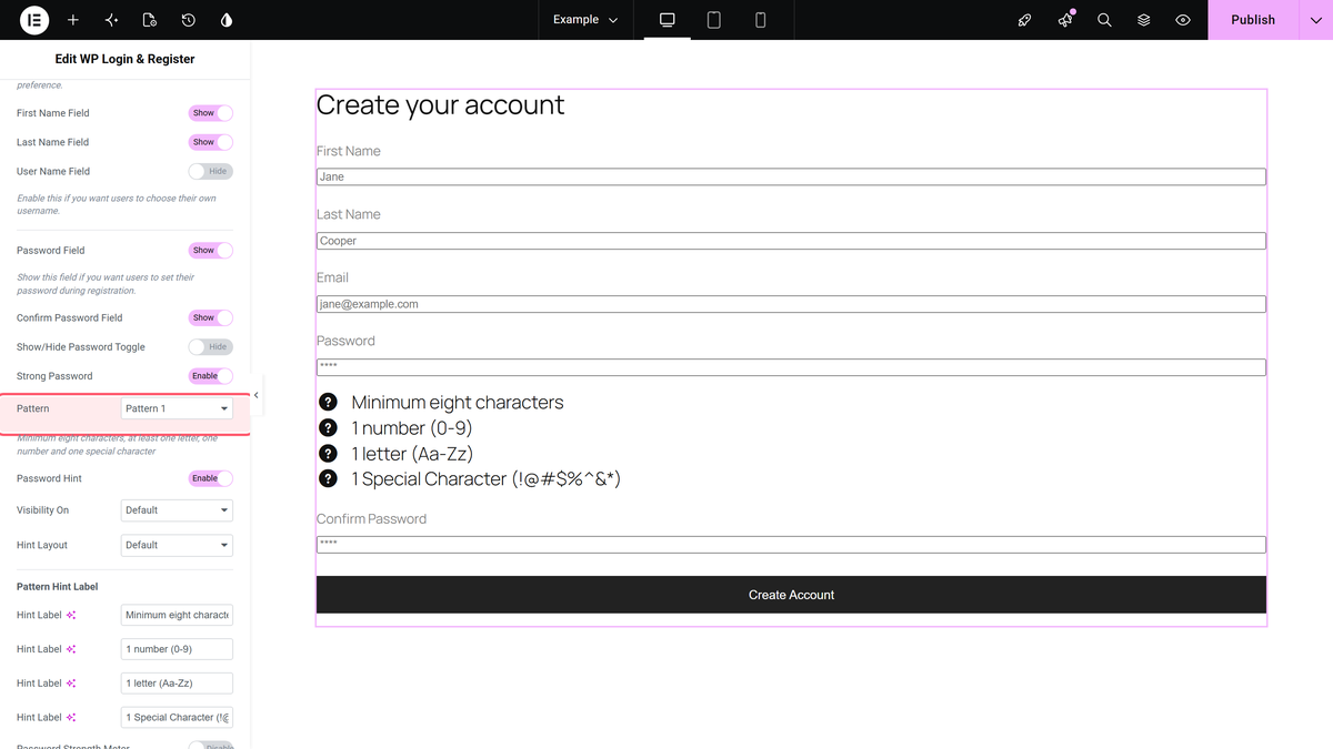 How to Create a Login & Register Form in Elementor? Password field with strong password, pattern and password hint in register extra options