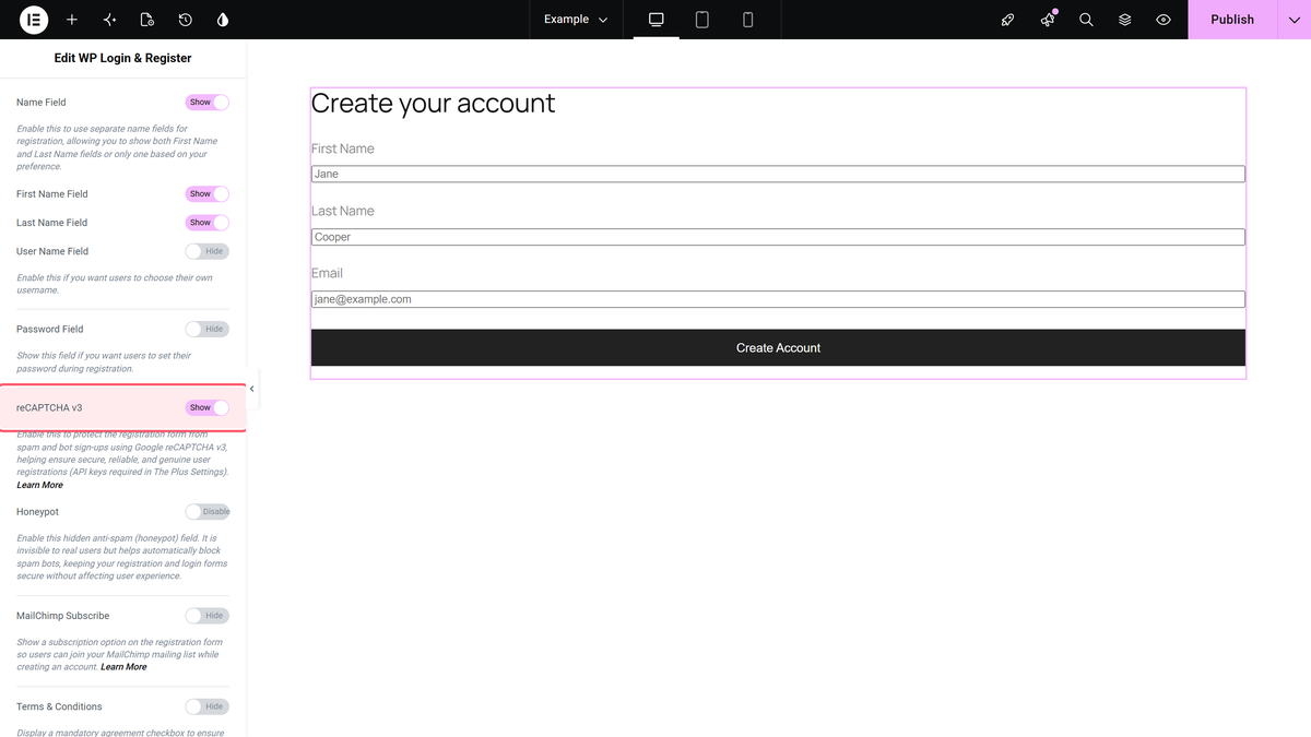 Recaptcha v3 turned on in the register extra options section of the wp login & register widget