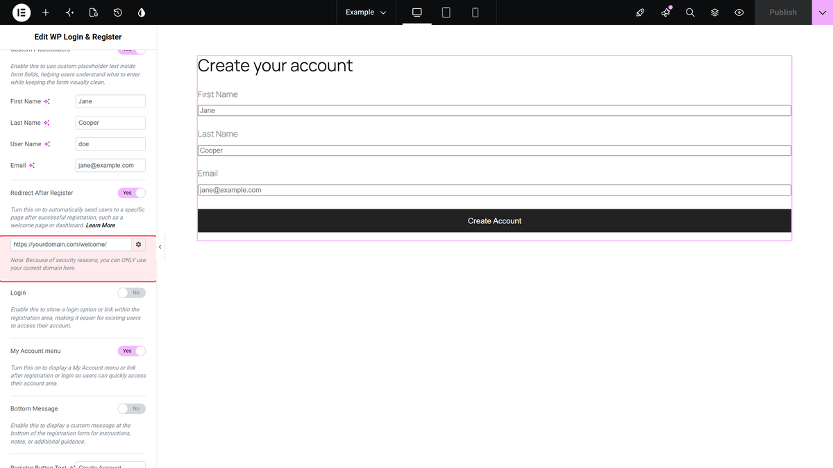 How to Redirect After Registration in Elementor Registration Form? Redirect after register turned on in the register options section with a welcome page url