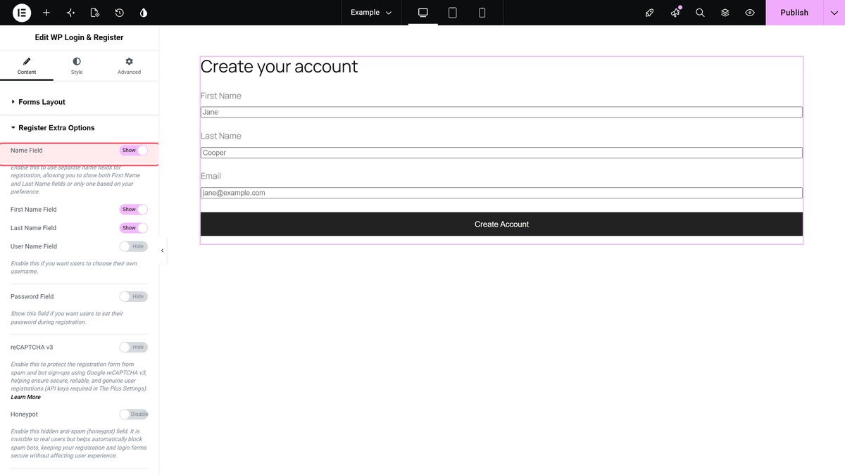 How to Create a Login & Register Form in Elementor? The register extra options section with the name, username and password field switches