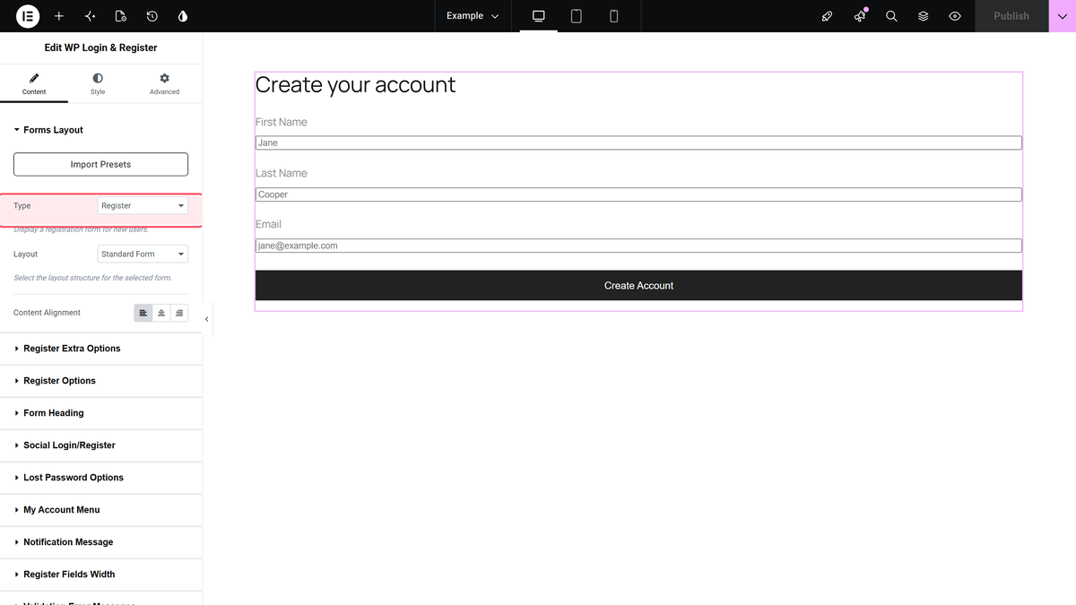 How to Create a Login & Register Form in Elementor? Register selected in the type dropdown with the registration form on the canvas