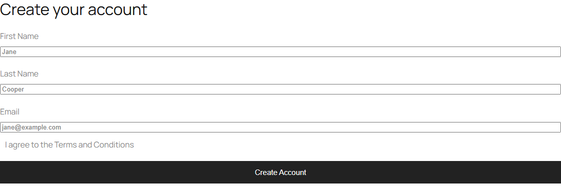 The registration form on the front end with the i agree to the terms and conditions text above the button