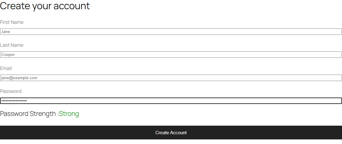 How to Create a Login & Register Form in Elementor? The registration form showing password strength: strong under the password field