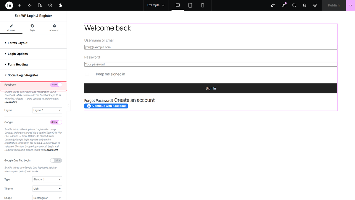How to Add a Facebook Login to WordPress with Elementor? Facebook turned on in the social login/register section with the layout and alignment options