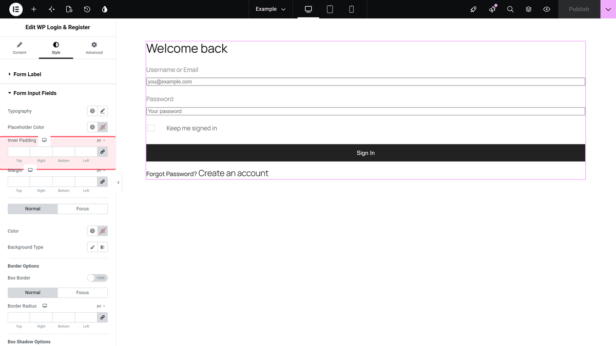 How to Create a Login & Register Form in Elementor? The form input fields style section with inner padding
