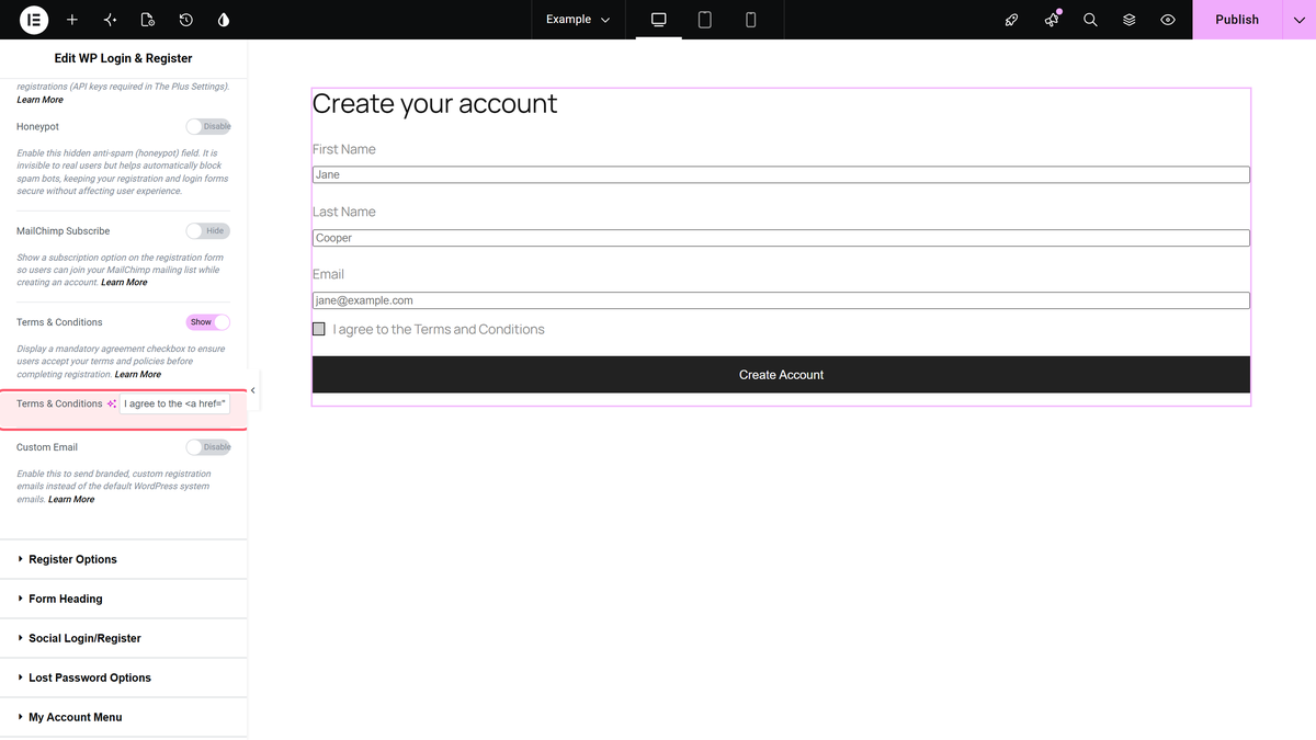 Terms & conditions turned on in register extra options, with a link in the checkbox text