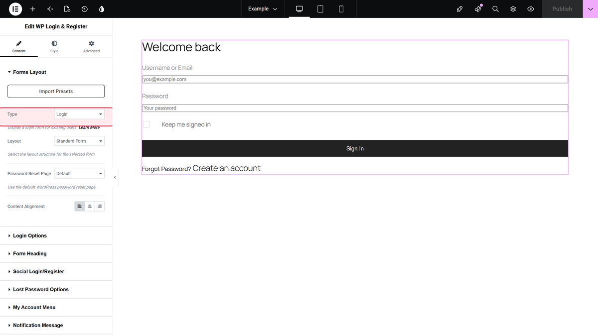 How to Create a Login & Register Form in Elementor? Login selected in the type dropdown of the forms layout section, with the login form on the canvas
