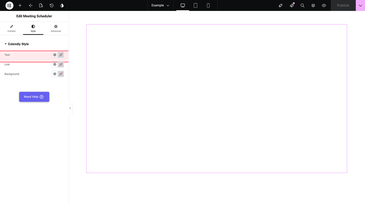 The calendly style section in the style tab: text, link and background colours.