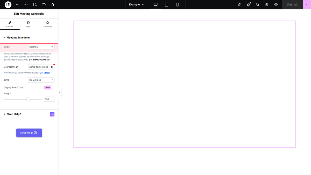 The meeting scheduler widget's content tab, with the select dropdown highlighted.