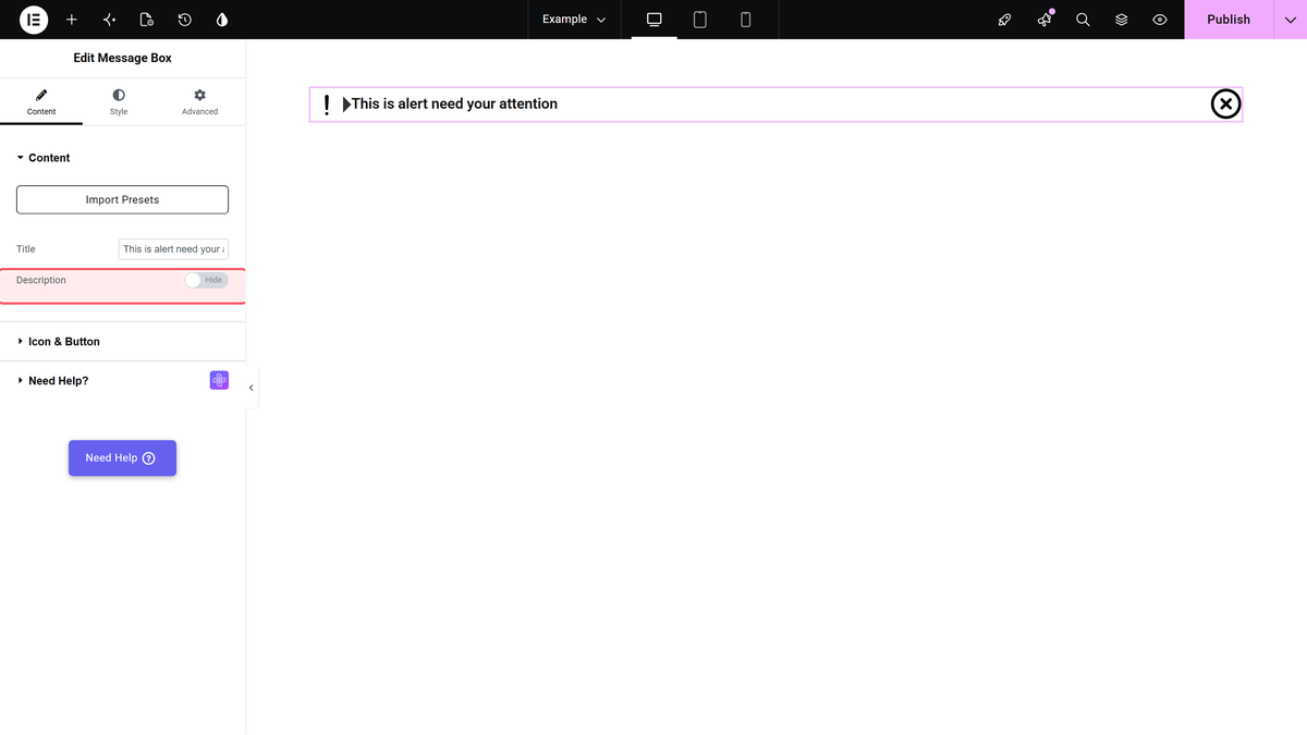 The description toggle and its rich-text field in the content tab.