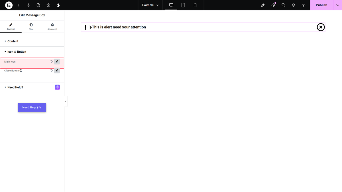 The icon & button section with the main icon toggle open.