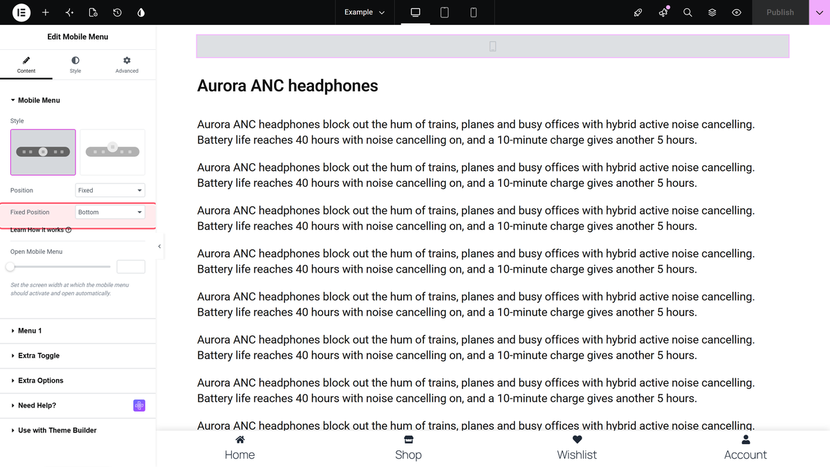 Fixed position set to bottom in the mobile menu section of the widget