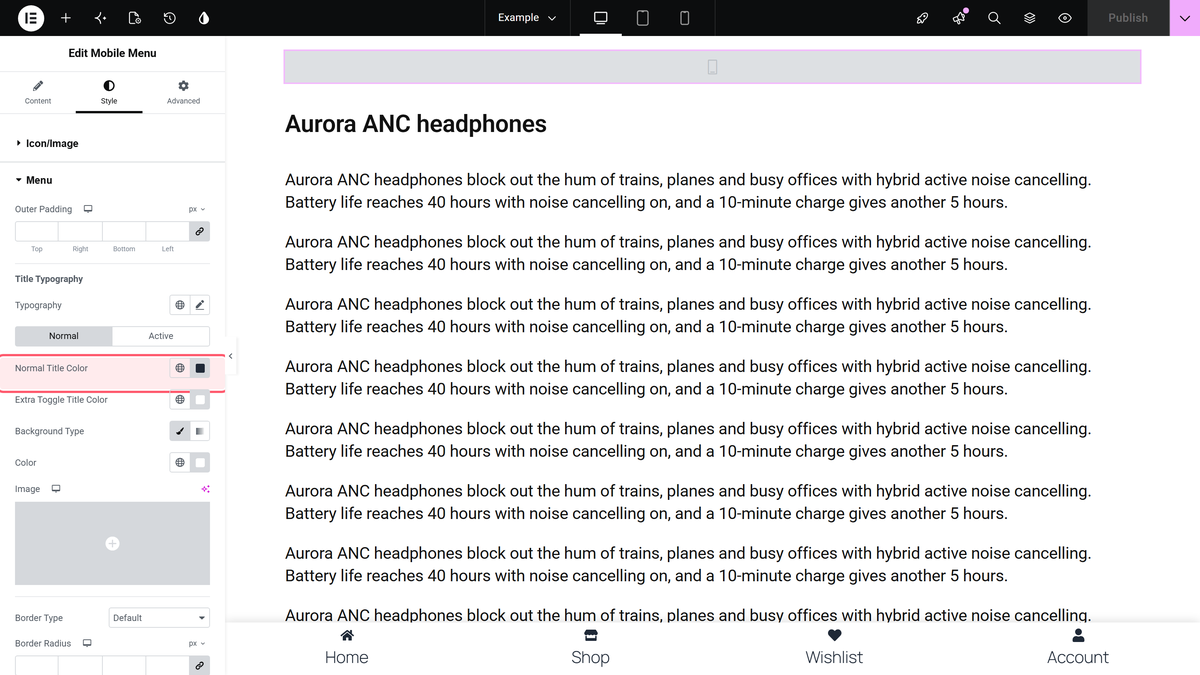 The menu section of the style tab with normal title color highlighted and the styled bar in the canvas