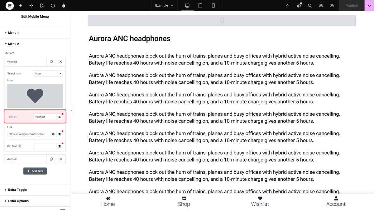 The menu 2 section with its first item open, showing the text and link fields