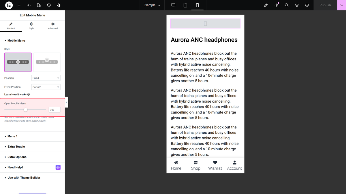 Open mobile menu set to 767 in the mobile menu section, with the editor in mobile preview