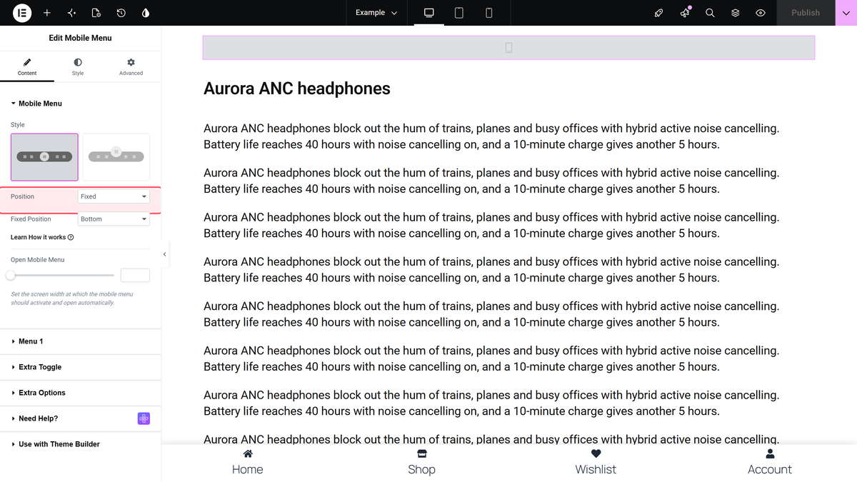 Position set to fixed in the mobile menu section, with the menu bar pinned to the bottom of the canvas