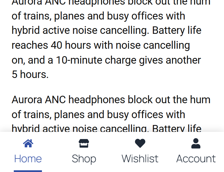 Mobile menu bar on a phone with a blue line under the home item, the page being viewed