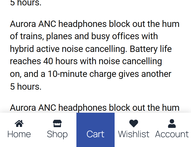 Split mobile menu on a phone: home and shop on the left, a blue cart button in the middle, wishlist and account on the right