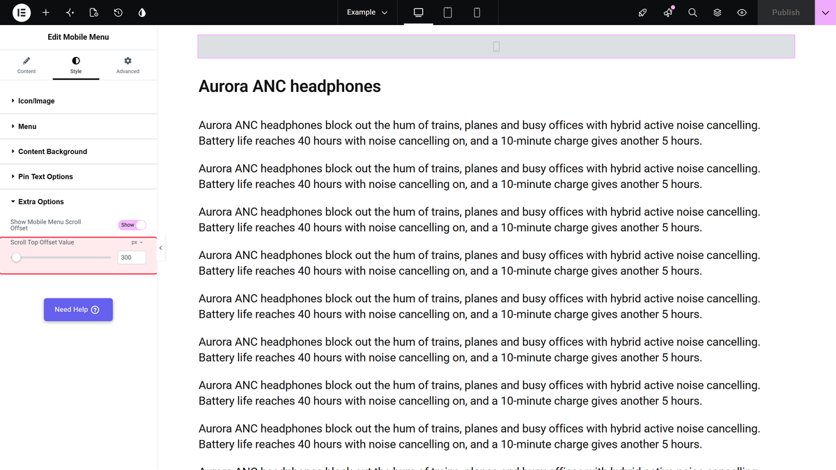 Show mobile menu scroll offset switched on with scroll top offset value 300 in the style tab