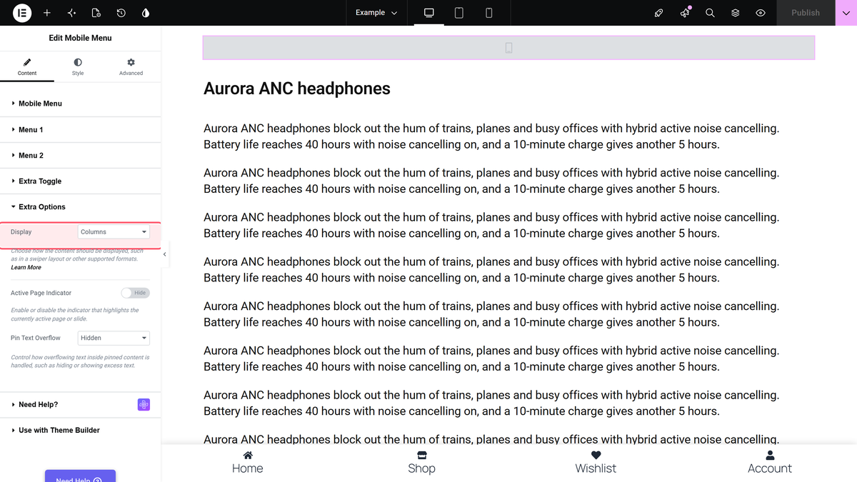 Display set to columns in the extra options section for the split mobile menu