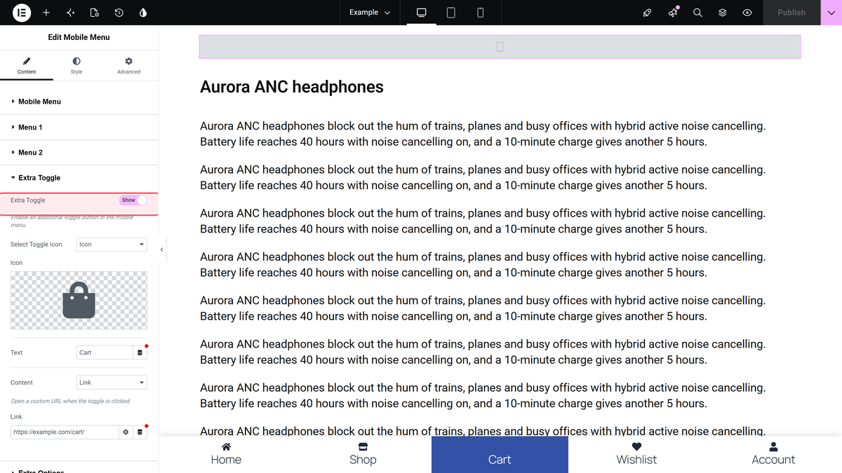 Extra toggle switched on, adding a centre button between the left and right menu items